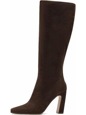 Women's Brown Suede Square Toe Chunky Heeled Boots with Side Zipper Tall Boots